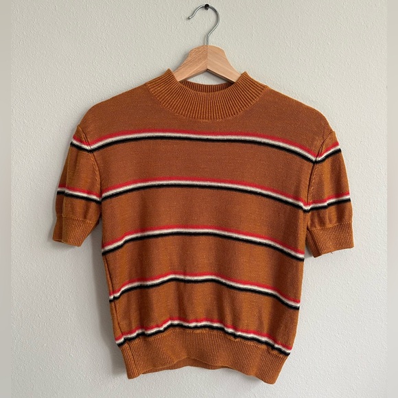 Free People Retro Mock Burnt Orange Black/White Striped Linen Blend Sweater SML - Picture 3 of 8